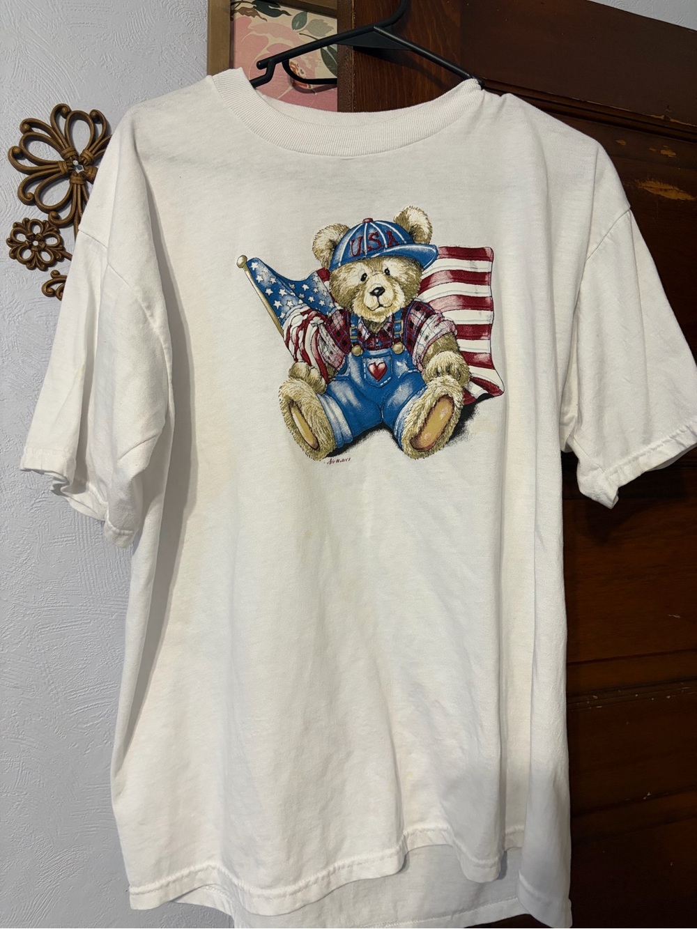 Jerzees White womens  Tee with Patriotic Teddy Bear Graphic
